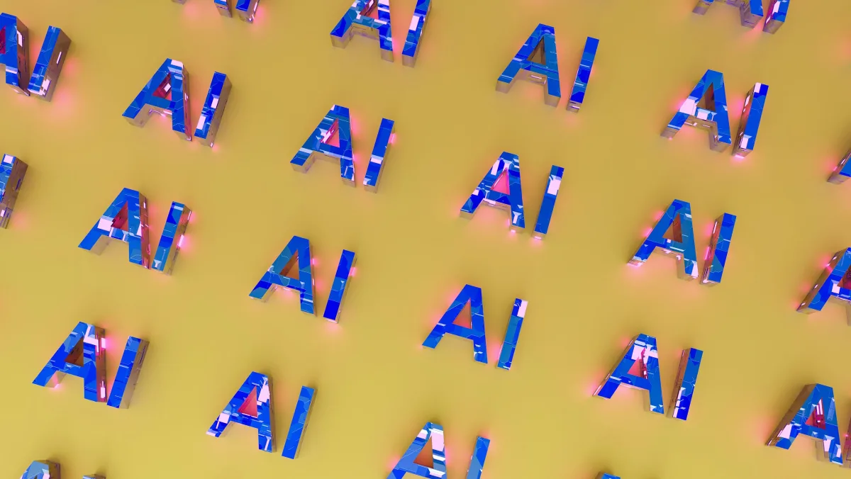 Viele glänzende blaue AI-Schriftzüge in 3D auf senfgelbem Hintergrund